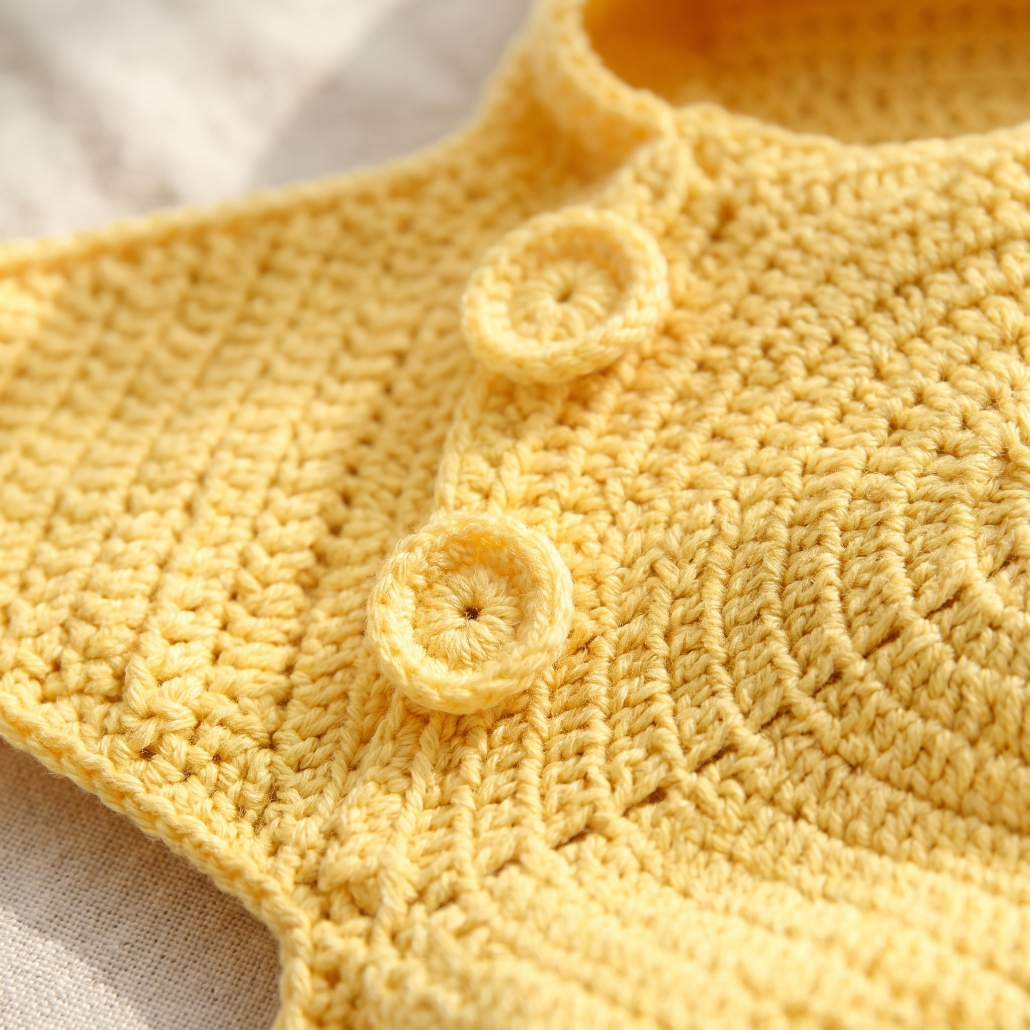 Détail de la maille crochet et des deux boutons du Cocon Étoile