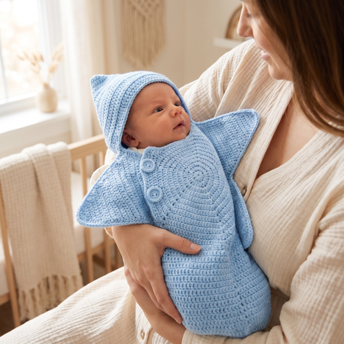 Bébé porté par sa maman dans le Cocon Étoile bleu ciel