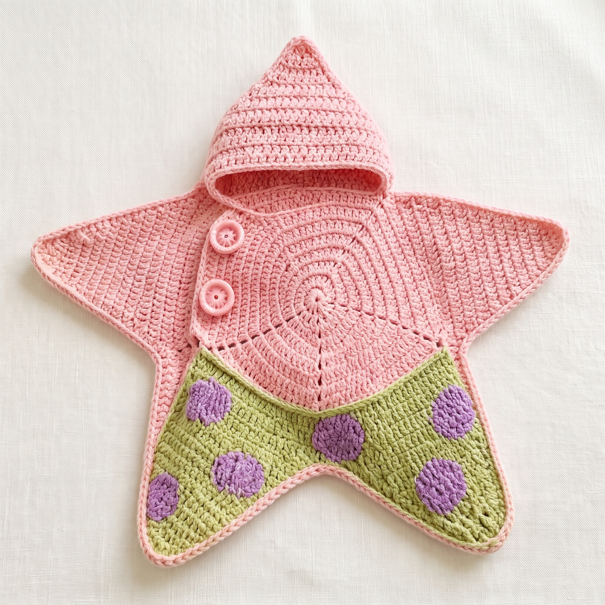 Cocon Étoile rose à bas vert à pois, vu à plat